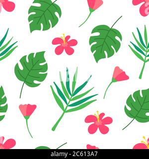 Motivo tropicale senza giunture su sfondo verde scuro. Design estivo con foglie tropiche, monstera, foglie di banana, ibisco, fiori di plumeria. Vettore Illustrazione Vettoriale