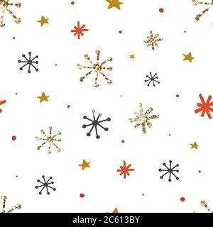 Motivo natalizio senza cuciture con fiocchi di neve. Doodle disegnate a mano fiocchi di neve per avvolgere carta, tessuti, carta da parati, carte. Vettore glitter Illustrazione Vettoriale