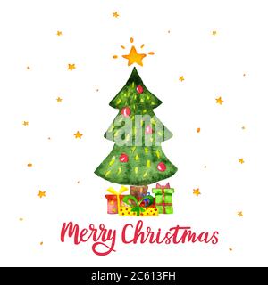 Albero di Natale acquerello e scatole regalo isolato su sfondo bianco. Buon Natale e felice biglietto d'auguri vettore di Capodanno. Vettore acquerello Illustrazione Vettoriale