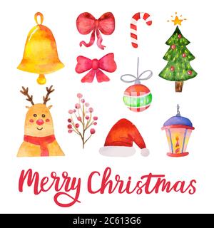 Vettore acquerello elementi di design allegro Natale. Set tradizionale per le feste disegnate a mano. Illustrazione vettoriale. Illustrazione Vettoriale