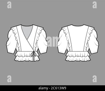 Blusa avvolgente con volant illustrazione tecnica di moda con orlo di pepone, maniche a gomito volume. Modello camicia di abbigliamento piatto, parte anteriore, colore bianco posteriore. Donne, uomini e unisex mockup CAD per designer Illustrazione Vettoriale