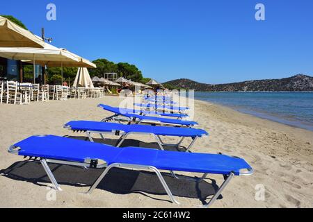 Marathon, Grecia - 01 ottobre 2016: Lettini sulla bellissima spiaggia di sabbia di Schinias, una delle più famose spiagge di Attica Foto Stock