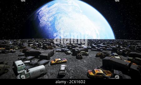 scarico auto sulla luna. Concetto di ecologia. rendering 3d. Foto Stock
