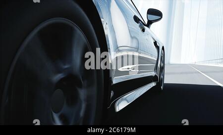 modello 3d di auto sportiva nera sul ponte. Guida molto veloce. rendering 3d. Foto Stock