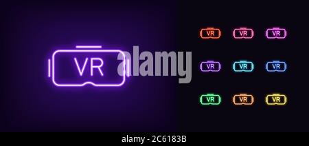 Icona occhiali VR al neon. Segnale del visore VR al neon, set di simboli isolati per la tecnologia VR con colori vivaci. Gadget, dispositivo di realtà virtuale. Icona di illuminazione, Illustrazione Vettoriale