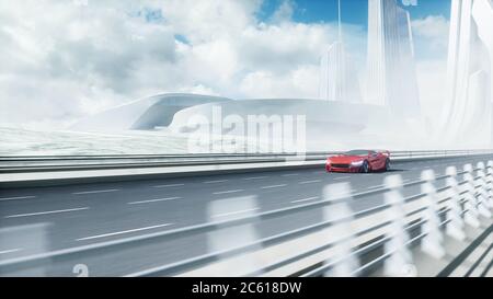 modello 3d di futuristica auto elettrica rossa su autostrada. Guida molto veloce. Concetto futuro. rendering 3d. Foto Stock
