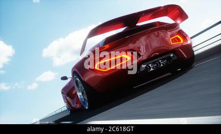 modello 3d di futuristica auto elettrica rossa su autostrada. Guida molto veloce. Concetto futuro. rendering 3d. Foto Stock