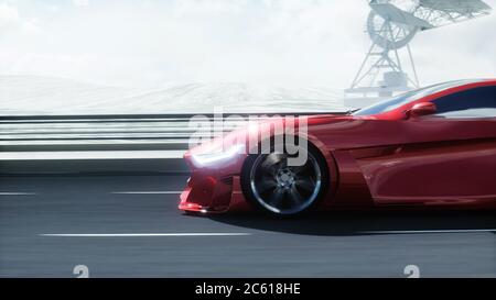 modello 3d di futuristica auto elettrica rossa su autostrada. Guida molto veloce. Concetto futuro. rendering 3d. Foto Stock