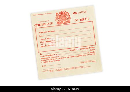 Certificato di nascita, Regno Unito Foto Stock