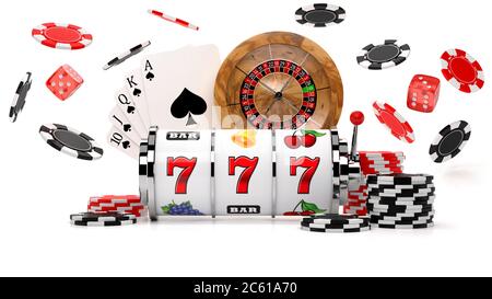 Illustrazione 3D del concetto di sfondo del casinò con slot reel, chip volanti, dadi, ruota della roulette e la combinazione di carte Royal Flush Foto Stock