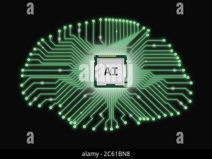 Intelligenza artificiale CPU Brain stampato microprocessore 3D illustrazione Foto Stock