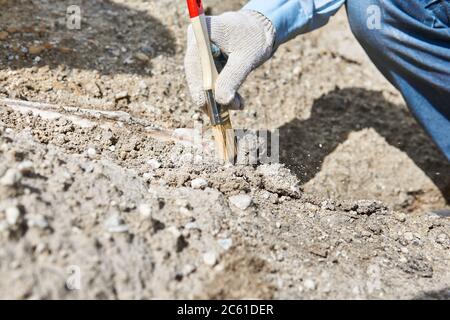 mano del paleontologo con spazzola che pulisce l'osso fossile dalla sabbia e dalla pietra Foto Stock