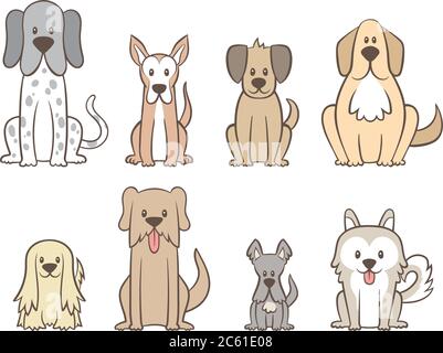 Raccolta di diversi tipi di cani isolati su sfondo bianco. Cani trafilati a mano seduti in posizione di vista frontale. Illustrazione vettoriale. Illustrazione Vettoriale