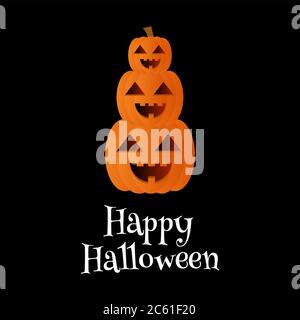 Pila di zucca. Banner di testo Happy Halloween su sfondo nero Illustrazione Vettoriale