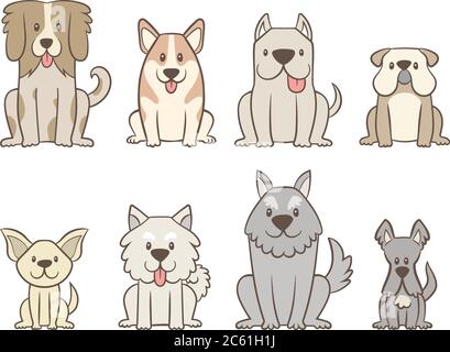 Raccolta di diversi tipi di cani isolati su sfondo bianco. Cani trafilati a mano seduti in posizione di vista frontale. Illustrazione vettoriale. Illustrazione Vettoriale