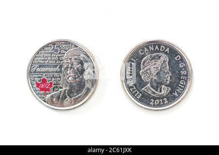 Moneta canadese da 25 centesimi - Tecumseh quarto edizione 2012 Foto Stock