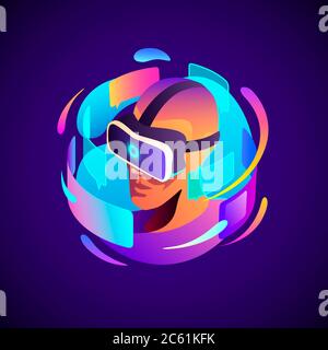 Uomo che indossa cuffie per realtà virtuale. Interfaccia vr astratta. Immagine piatta vettoriale. Foto Stock