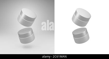 Due bottiglie realistiche di plastica per cosmetici si innalzano sullo sfondo. Modello di layout. Illustrazione 3D. Foto Stock