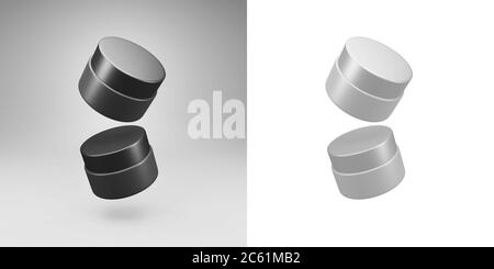 Due realistiche bottiglie di plastica nera per cosmetici si innalzano sullo sfondo. Modello di layout. Illustrazione 3D. Foto Stock