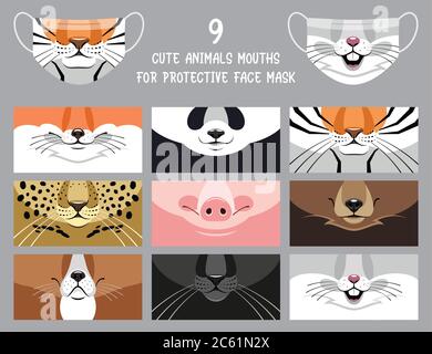 9 bocca degli animali carino per maschera protettiva. Stile divertente cartone animato. Illustrazione vettoriale. Illustrazione Vettoriale