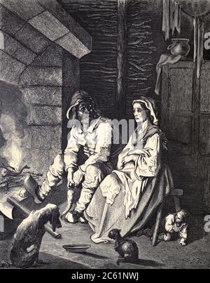 Vide sulla guancia un bracchiappino a goccia, così si nascose sotto la sedia per ascoltarla". Illustrazione di ‘Hop o’ My Thumb’ di Paul Gustave Dore. Hop-o'-My-Thumb (Hop-on-My-Thumb), o Hop o' My Thumb, noto anche come Little Thumbling, Little Thumb, o Little Poucet è una delle otto favole pubblicate da Charles Perrault in Histoires ou Contes du temps passé (1697), dove il piccolo ragazzo sconfigge l'orco. Illustrazione di Gustave Dore dal regno fata del libro. Una raccolta dei vecchi racconti preferiti. Illustrato dalla matita di Gustave Dore di Tom Hood, (1835-1874); Gustave Doré, (1832-1883) P. Foto Stock