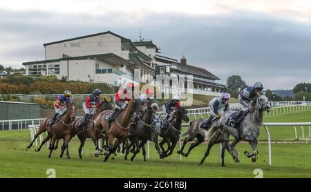 Corridori e piloti girano la curva inferiore nel B J Llewellyn Racing handicap al Chepstow Racecourse. Foto Stock