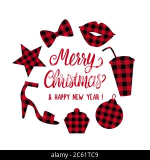Allegro cornice natalizia con gabbia a forma di set rosso e nero. Labbra, palla di natale, stella, schienali, coppa, cravatta di prua. Vector Winter party design Illustrazione Vettoriale