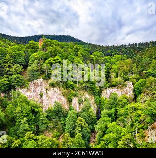 Castello di Nideck sopra la cascata dei Vosgi - Alsazia, Francia Foto Stock