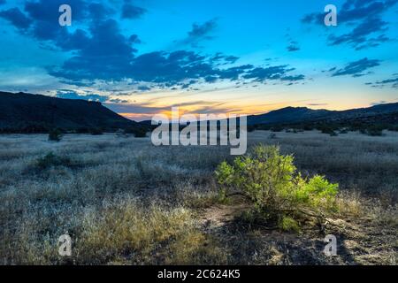 Tramonto con la luce sulla macchia in primo piano, vicino a Moab, Utah USA Foto Stock