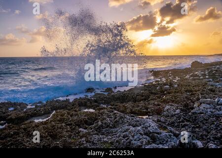 Grandi onde che si infrangono contro le rocce, Grand Cayman Blowoles Foto Stock
