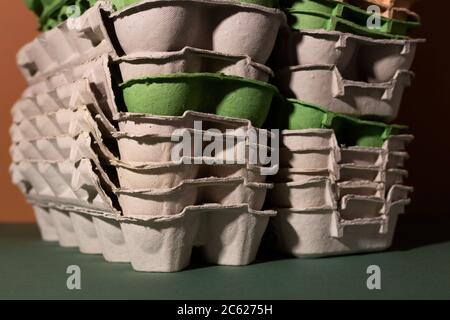Vassoi colorati da uova. Raccolta rifiuti per il riciclaggio. Foto Stock