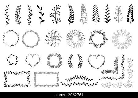 serie di rami d'albero disegnati a mano con foglie e fiori su sfondo bianco Illustrazione Vettoriale