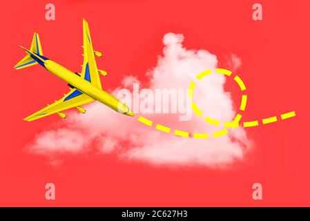Un aereo passeggeri nel cielo e una linea punteggiata nelle nuvole. Rotta di volo dell'aeromobile. Concetto di viaggio, consegna pacchi e turismo. Creativo Foto Stock