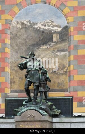 Altdorf, Svizzera - 14 giugno 2017: Wilhelm Tell monumento alla capitale cantonale di Altdorf nel Cantone di Uri Foto Stock