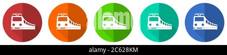 Treno insieme di icone, ferrovia, trasporto, rosso, blu, verde e arancione flat design pulsanti web isolato su sfondo bianco, illustrazione vettoriale Illustrazione Vettoriale