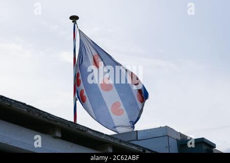 Bandiera Frisia, bandiera della provincia di Frisia, Paesi Bassi. Nelle strisce bianche sono un totale di sette foglie d'acqua rosse. Foto Stock