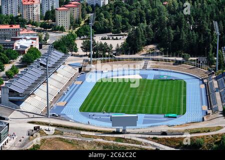 Lahti, Finlandia - 6 agosto 2019: Veduta aerea dello stadio di Lahti, Finlandia. Campo da calcio all'aperto. Foto Stock
