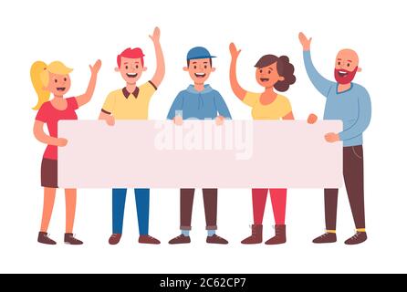 Gruppo di cinque giovani che hanno un banner vuoto per il testo. Banner di annuncio per la pubblicità. Concetto di lavoro di squadra. Tre uomini e due donne. Cartoo piatto Illustrazione Vettoriale