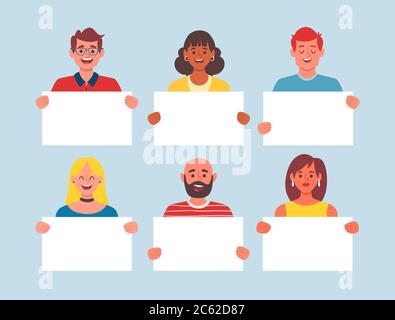 Raccolta di giovani con cartelloni vuoti. Pacchetto di personaggi di cartoni animati maschili e femminili. Illustrazione vettoriale colorata in stile piatto. Illustrazione Vettoriale