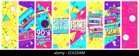 Banner retro anni '90. Anni novanta per sempre, indietro agli anni '90 e pop memphis sfondo banner vettoriale illustrazione set Illustrazione Vettoriale