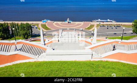 Scala Chkalov anche scala Volzhskaya è una scala in Nizhny Novgorod, che collega l'alta Volga e l'argine bassa Volga, Russia. Foto Stock