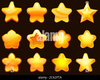 Stella UI di gioco. Forme di stelle lucide cartooniche, stella brillante per i giochi. Insieme di illustrazioni vettoriali per elementi di gioco cartoni animati Illustrazione Vettoriale