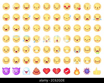 Emoticon emoji. Sorridente, ridente volto giallo, arrabbiato e triste, gioia e grida espressioni. Cuore e bacio, diavolo e coronavirus icone vettoriali Illustrazione Vettoriale