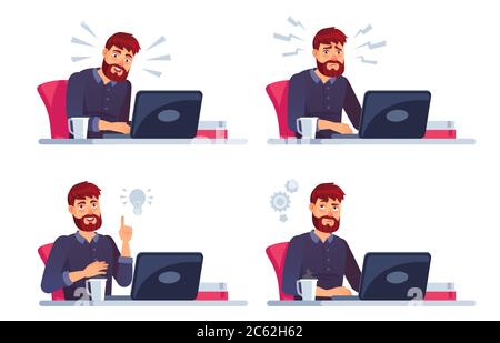 Uomo che lavora su un notebook, carattere aziendale in ufficio Illustrazione Vettoriale