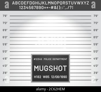 Modello di scatto. Poliziotto linea mugshot bordo con alfabeto di plastica e segni per criminali foto vettore illustrazione Illustrazione Vettoriale