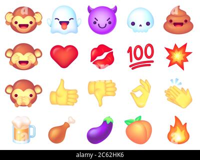 Icone emoji. Simpatico smiley, emoticon felice e arrabbiato viso, fumetto turd. Melanzane, raccolta di scimmie, mano e labbra bacio social chat insieme vettore Illustrazione Vettoriale