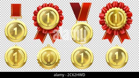 Medaglia d'oro realistica. Medaglie campione con numero uno e nastri rossi. Concorso sportivo primo premio, vettore di conquista della leadership set Illustrazione Vettoriale