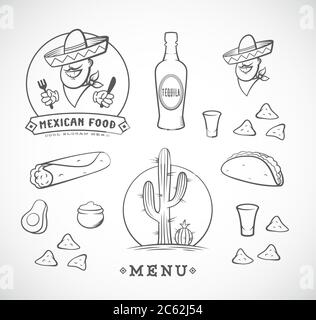 Set di illustrazioni vettoriali per il cibo messicano con modello con logo per il menu del ristorante, il caffè, la consegna dei pasti. Sorridente uomo nel Sombrero tradizionale, Tacos Illustrazione Vettoriale