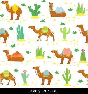 Motivo senza cuciture a cammello. Carino cammelli deserto cartoon tra cactus. Tessitura della carta da parati vettoriale etnica egiziana Illustrazione Vettoriale