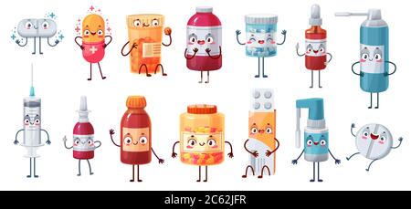 Mascotte di medicina del cartone animato. Simpatico simpatico pillole felici i personaggi uccidere batteri e virus. Capsule, compresse in blister, pillola e farmaci vettoriali antidoloriller Illustrazione Vettoriale